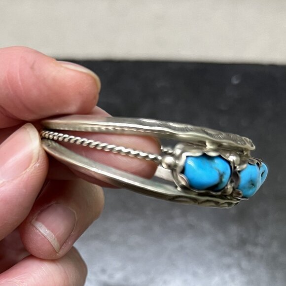 C. Yazzie Navajo Sterling Silver Open Cuff Bracelet with Five Turquoise Nuggets - Picture 7 of 10